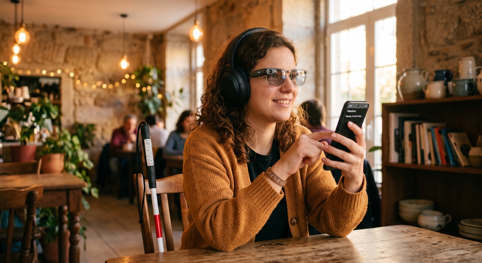 Pessoa com deficiência visual usando o celular com fone de ouvido e óculos inteligentes, em uma luz quente
