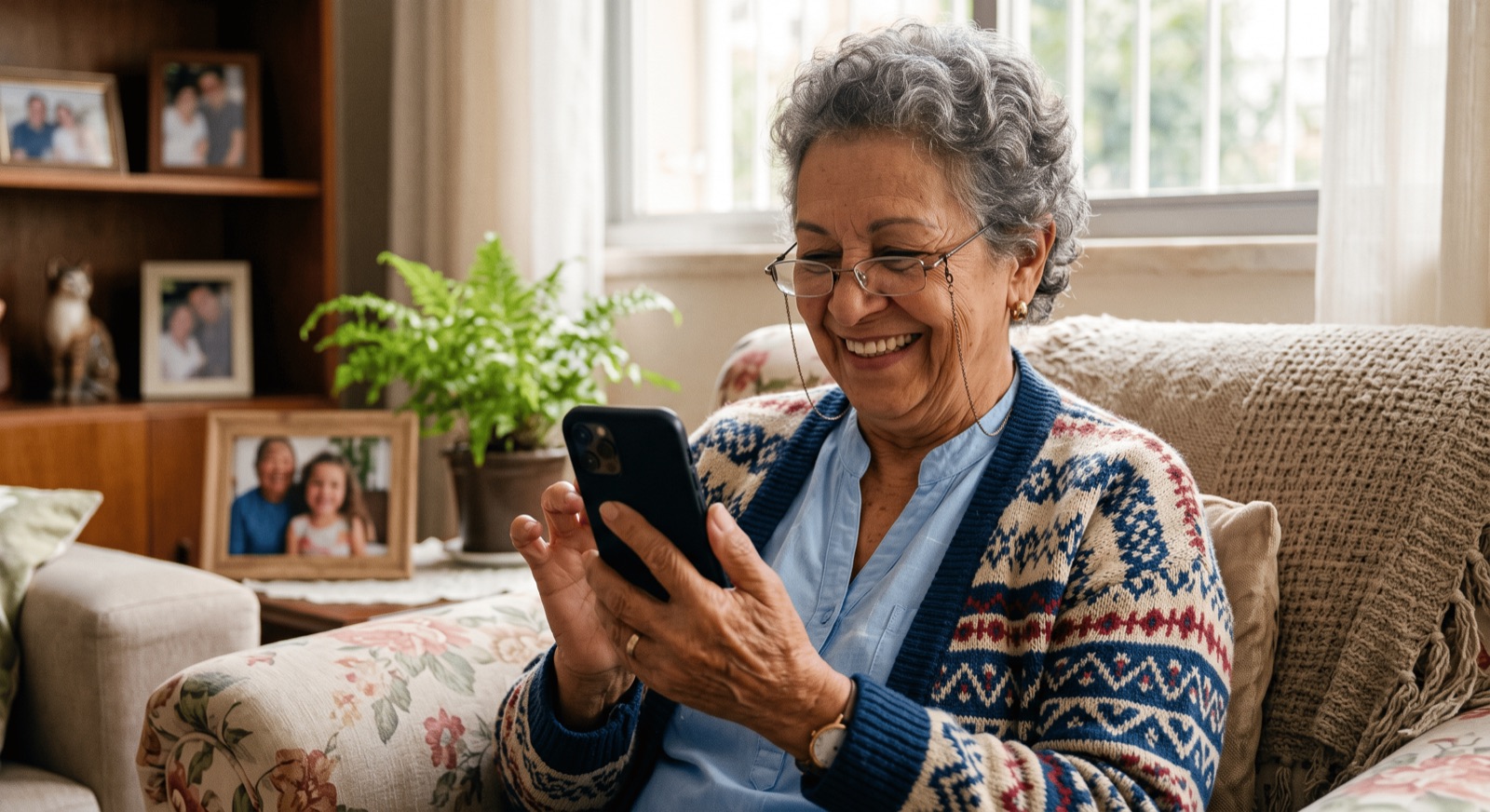 Pessoa idosa sorrindo, usando o app no celular em um ambiente doméstico com luz natural