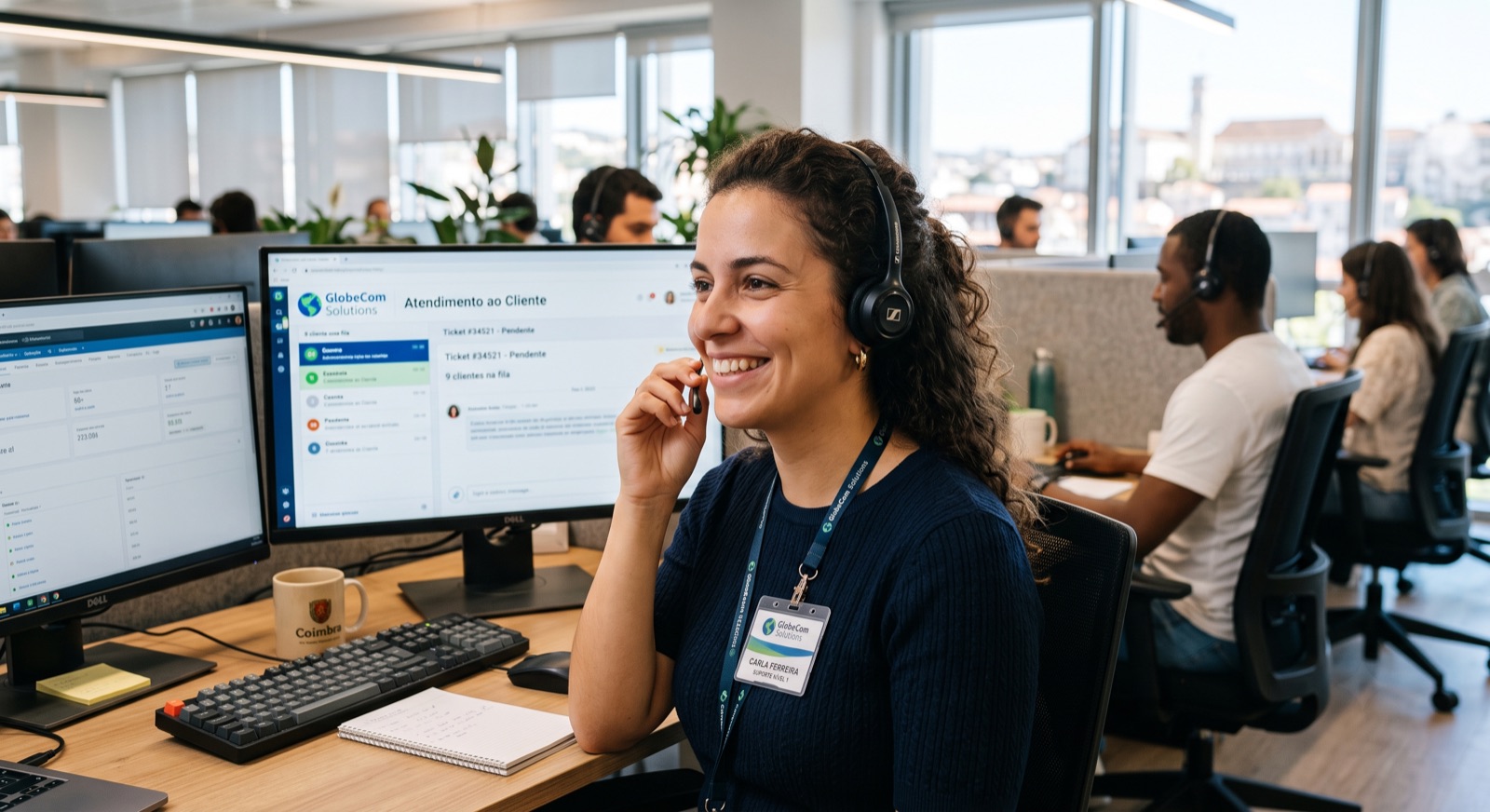 Pessoa de suporte com headset, sorrindo, com a tela ao fundo